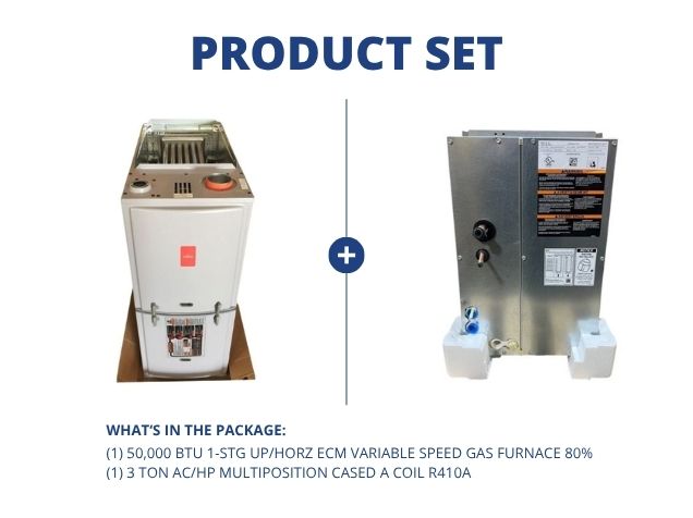 50,000 BTU 1-Stg Up/Horz ECM Variable Speed Gas Furnace 80% and 3 Ton AC/HP Multi Cased A Coil R410A