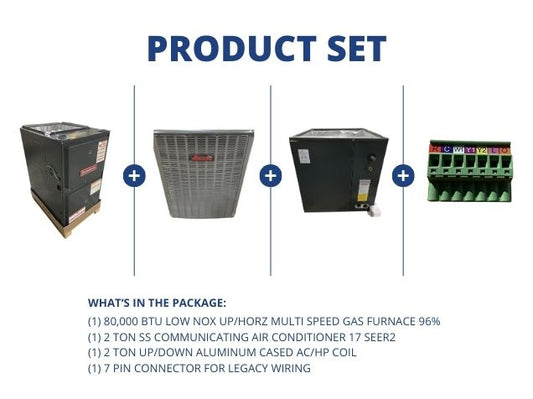 80,000 BTU Low NOx Up/Horz ECM Gas Furnace 96%, 2 Ton SS Comm AC 17 SEER2, 2 Ton Up/Down Cased Coil