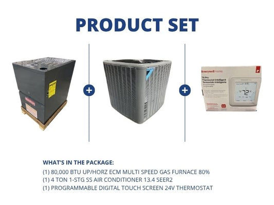 80,000 BTU Up/Horz ECM Multi Speed Gas Furnace 80%, 4 Ton 1-Stg SS AC 13.4 SEER2 with 24V Thermostat