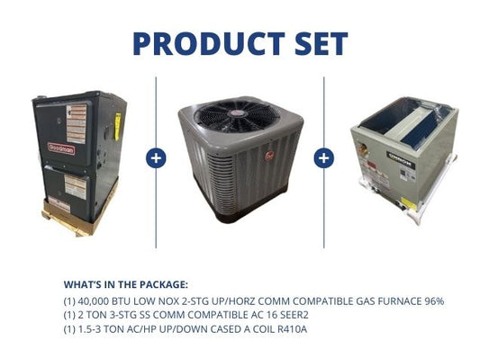 40,000 BTU Low NOx Comm Comp Gas Furnace 96%, 2 Ton Comm Comp AC 16 SEER2, 1.5-3 Ton Up/Down A Coil