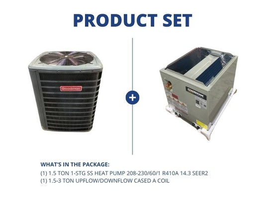 1.5 Ton 1-Stg SS Heat Pump 208-230/60/1 R410A 14.3 SEER2 with 1.5-3 Ton Upflow/Downflow Cased A Coil