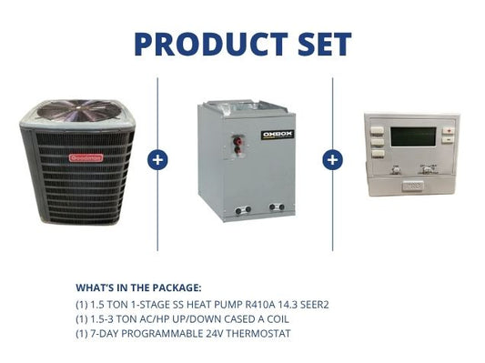 1.5 Ton 1-Stg SS Heat Pump R410A 14.3 SEER2, 1.5-3 Ton AC/HP Up/Down Cased A Coil and 24V Thermostat