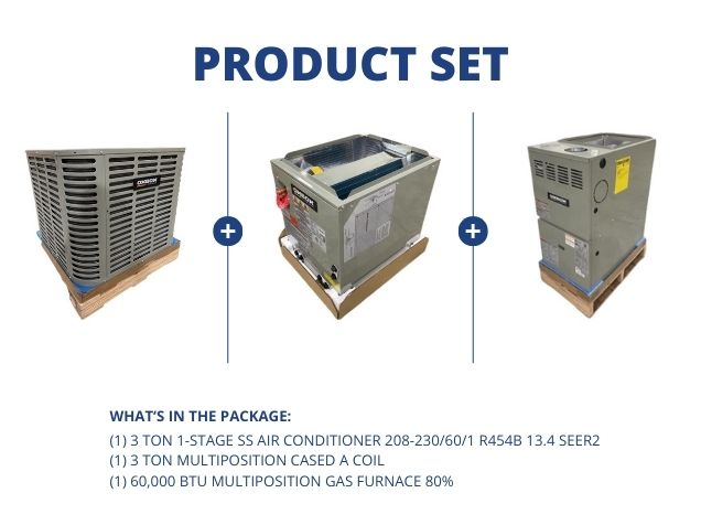 3 Ton SS AC R454B 13.4 SEER2, 3 Ton Multi Cased A Coil with 60,000 BTU Multiposition Gas Furnace 80%