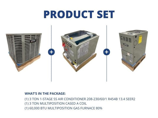 3 Ton SS AC R454B 13.4 SEER2, 3 Ton Multi Cased A Coil with 60,000 BTU Multiposition Gas Furnace 80%
