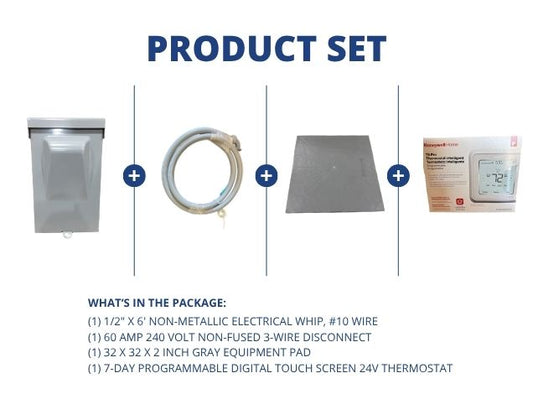 1/2" X 6' Electrical Whip with 60A 240V 3-Wire Disconnect, Gray Equipment Pad, and 24V Thermostat