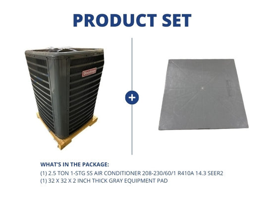 2.5 Ton 1-Stg SS Air Conditioner 208-230/60/1 R410A 14.3 SEER2 and 32" x 32" x 2" Gray Equipment Pad