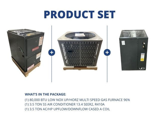 80,000 BTU Low NOx Up/Horz Gas Furnace 96%, 3.5 Ton SS AC 13.4 SEER2, 3.5 Ton Up/Down Cased A Coil