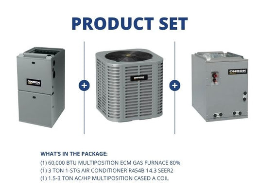 60,000 BTU Multi ECM Gas Furnace 80%, 3 Ton 1-Stg AC R454B 14.3 SEER2, 1.5-3 Ton Multi Cased A Coil