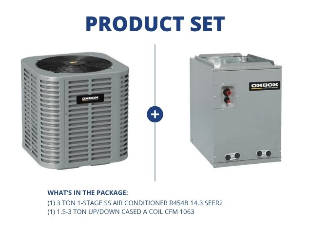 3 Ton 1-Stage SS Air Conditioner R454B 14.3 SEER2 and 1.5-3 Ton AC/HP Up/Down Cased A Coil, CFM 1063