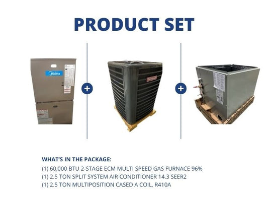 60,000 BTU 2-Stg Multi Spd Gas Furnace 96%, 2.5 Ton SS AC 14.3 SEER2 and 2.5 Ton Multi Cased A Coil