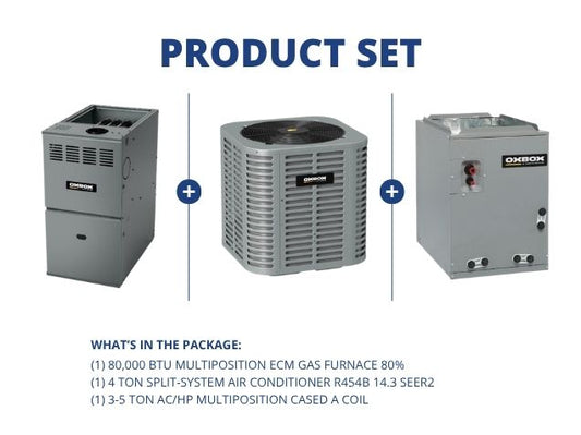 80,000 BTU Multi ECM Gas Furnace 80%, 4 Ton SS AC R454B 14.3 SEER2, 3-5 Ton AC/HP Multi Cased A Coil