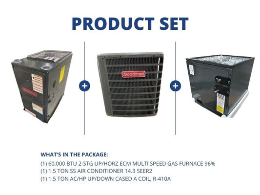 60,000 BTU 2-Stg Up/Horz Gas Furnace 96%, 1.5 Ton SS AC 14.3 SEER2 with 1.5 Ton Up/Down Cased A Coil