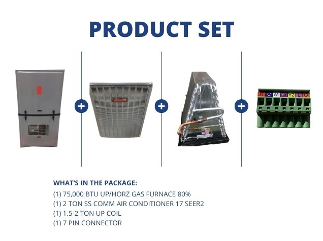 75,000 BTU Up/Horz Gas Furnace 80%, 2 Ton SS Comm AC 17 SEER2, 1.5-2 Ton Up Coil and 7 Pin Connector