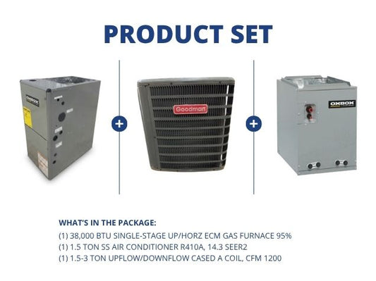 38,000 BTU Up/Horz Gas Furnace 95%, 1.5 Ton SS AC R410A 14.3 SEER2 with 1.5-3 Ton Up/Down Cased Coil