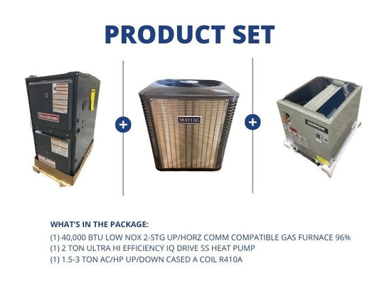 40,000 BTU Low NOx Comm Comp Gas Furnace 96%, 2 Ton Ultra Hi Eff  SS HP and 1.5-3 Ton Up/Down A Coil