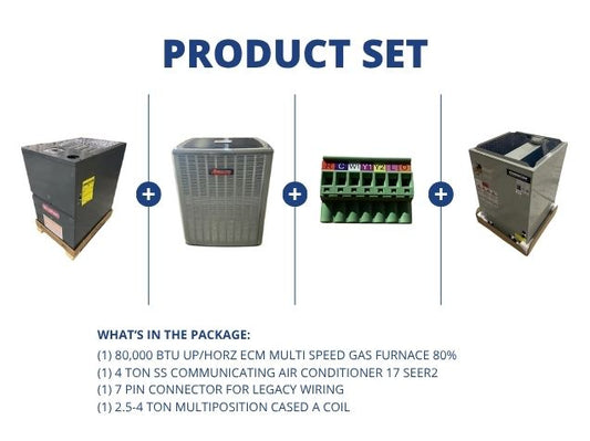80,000 BTU Up/Horz Gas Furnace 80%, 4 Ton Comm AC 17 SEER2, 7 Pin Connector and 2.5-4 Ton Multi Coil
