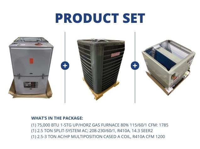 75,000 BTU Up/Horz Gas Furnace 80% with 2.5 Ton SS AC 14.3 SEER2 with 2.5-3 Ton Multi Cased A Coil
