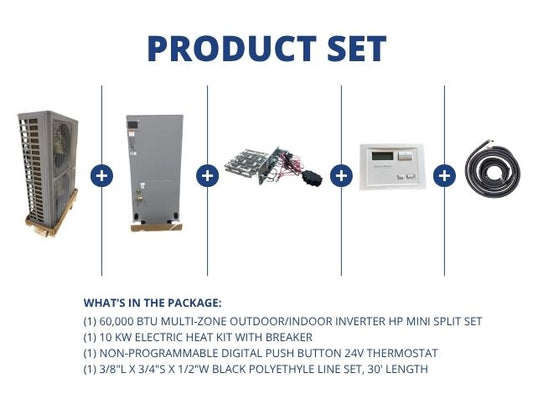 60,000 BTU Outdoor/Indoor Inverter HP Mini Split Set 18 SEER 10KW Heat, 24V Thermostat, 30' Lineset