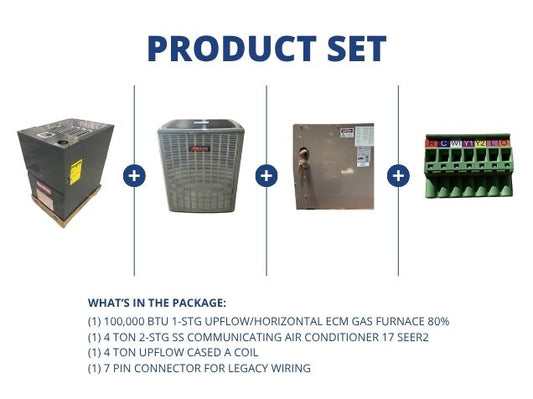 100,000 BTU ECM Gas Furnace 80%, 4 Ton SS Comm AC 17 SEER2, 4 Ton Upflow A Coil and 7 Pin Connector