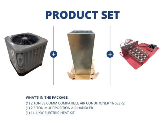 2 Ton SS Comm Compatible AC 16 SEER2, 2.5 Ton ECM Multi Air Handler with 14.4 KW Electric Heat Kit