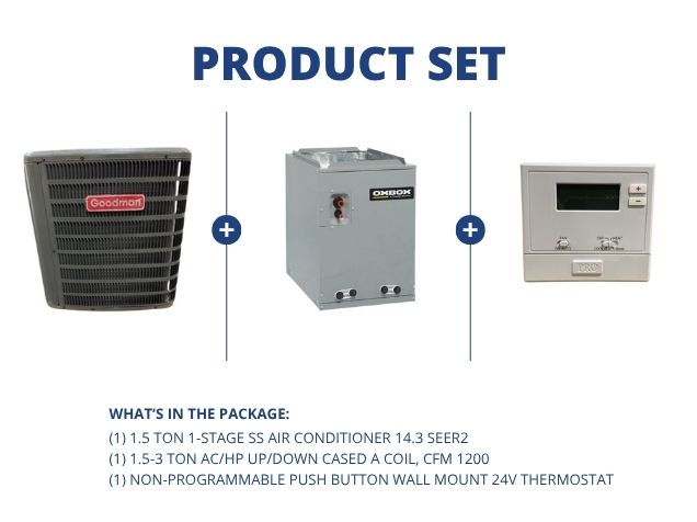 1.5 Ton 1-Stg SS Air Conditioner 14.3 SEER2, 1.5-3 Ton AC/HP Up/Down Cased A Coil and 24V Thermostat