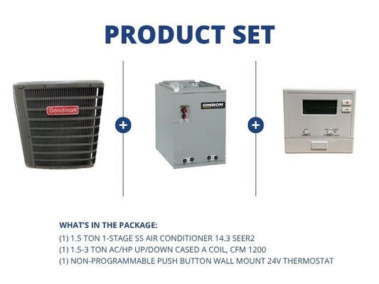 1.5 Ton 1-Stg SS Air Conditioner 14.3 SEER2, 1.5-3 Ton AC/HP Up/Down Cased A Coil and 24V Thermostat