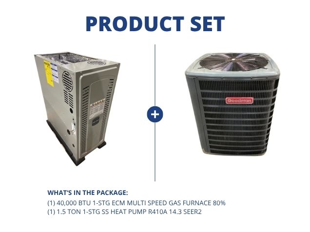 40,000 BTU 1-Stg Multiposition Multi Speed Gas Furnace 80% and 1.5 Ton 1-Stg SS HP R410A 14.3 SEER2