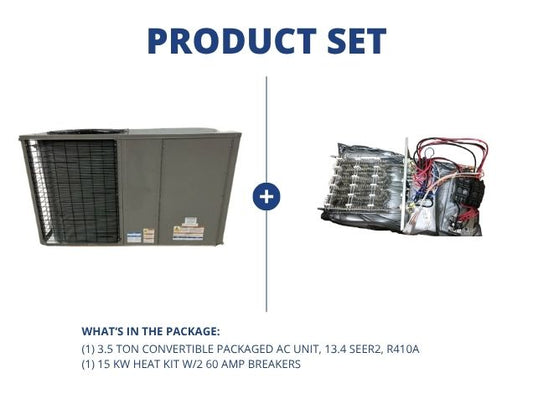 3.5 Ton Convertible Packaged AC Unit, 13.4 SEER2, R410A and 15 Kw Heat Kit W/2 60 Amp Breakers