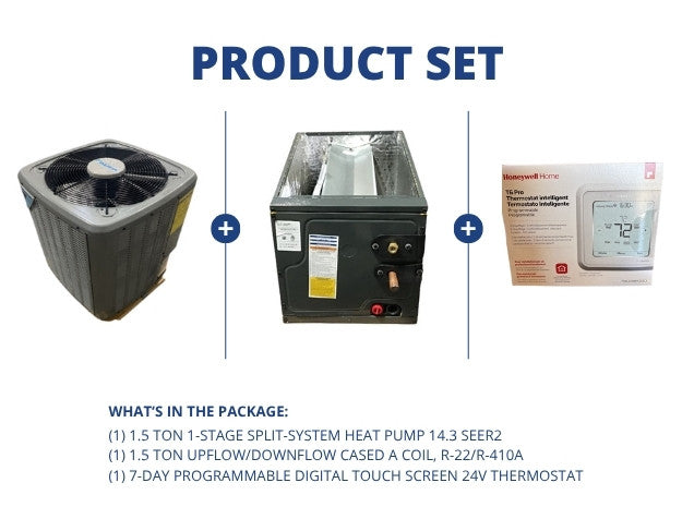 1.5 Ton 1-Stg SS Air Conditioner 14.3 SEER2 with 1.5 Ton Up/Down Cased A Coil and 24V Thermostat