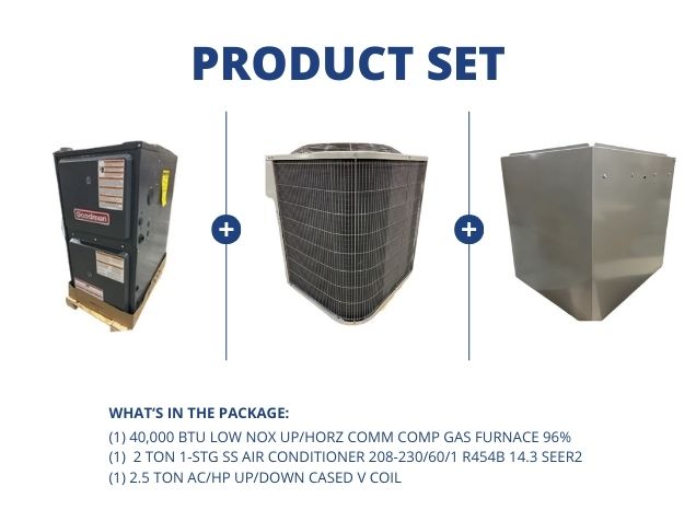 40,000 BTU Low NOx Up/Horz Comm Comp Gas Furnace 96%, 2 Ton SS AC 14.3 SEER2, 2.5 Ton Up/Down Coil