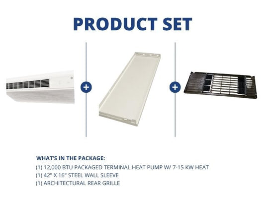 12,000 BTU Packaged Terminal Heat Pump W/ 7-15 KW Heat, 42" x 16" Steel Wall Sleeve with Rear Grille