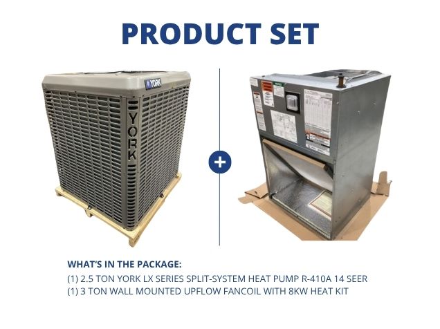 2.5 Ton SS Heat Pump R-410A 14 Seer and 3 Ton Wall Mounted Upflow Fancoil with 8KW Heat Kit