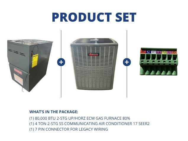 80,000 BTU 2-Stg Up/Horz ECM Gas Furnace 80% and 4 Ton 2-Stg SS Comm AC 17 SEER2 and 7 Pin Connector