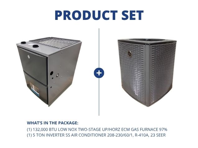 132,000 BTU Low NOx Two-Stage Up/Horz ECM Gas Furnace 97% with 5 Ton Inverter SS AC R410A 23 SEER