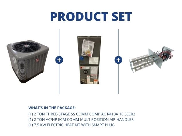 2 Ton 3-Stg SS Comm Comp AC 16 SEER2, 2 Ton AC/HP ECM Comm Multi Air Handler and 7.5KW w/ Smart Plug