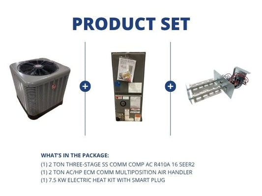 2 Ton 3-Stg SS Comm Comp AC 16 SEER2, 2 Ton AC/HP ECM Comm Multi Air Handler and 7.5KW w/ Smart Plug