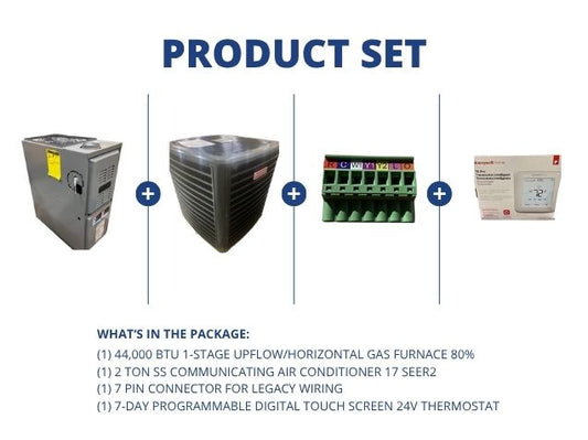 44,000 BTU Up/Horz Gas Furnace 80%, 2 Ton SS Comm AC 17 SEER2, 7 Pin Connector and 24V Thermostat