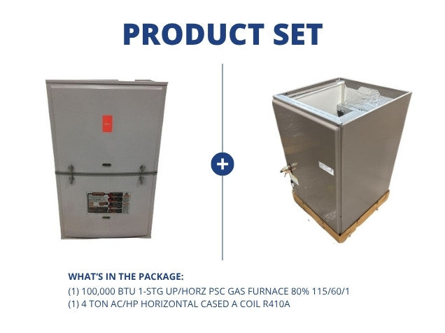 100,000 BTU 1-Stg Up/Horz ECM Gas Furnace 80% 115/60/1 and 4 Ton AC/HP Horizontal Cased A Coil R410A