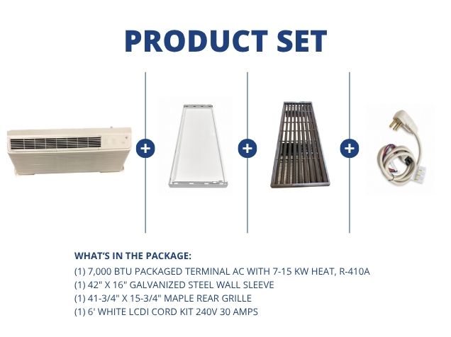 7,000 BTU Packaged Terminal AC W/ 7-15 KW Heat, R-410A, Wall Sleeve, Rear Grille with LCDI Cord Kit