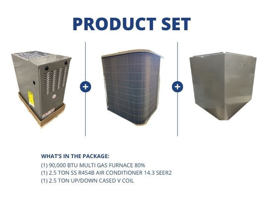 90,000 BTU Multi Gas Furnace 80%, 2.5 Ton SS R454B AC 14.3 SEER2 with 2.5 Ton Up/Down Cased V Coil