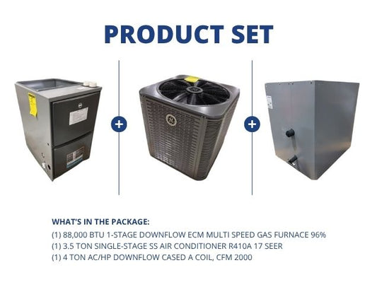 88,000 BTU 1-Stg Downflow ECM Gas Furnace 96%, 3.5 Ton AC R410A 17 SEER with 4 Ton Down Cased A Coil