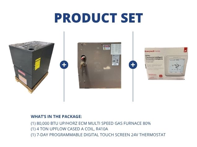 80,000 BTU Up/Horz ECM Multi Speed Gas Furnace 80% with 4 Ton Upflow Cased A Coil and 24V Thermostat