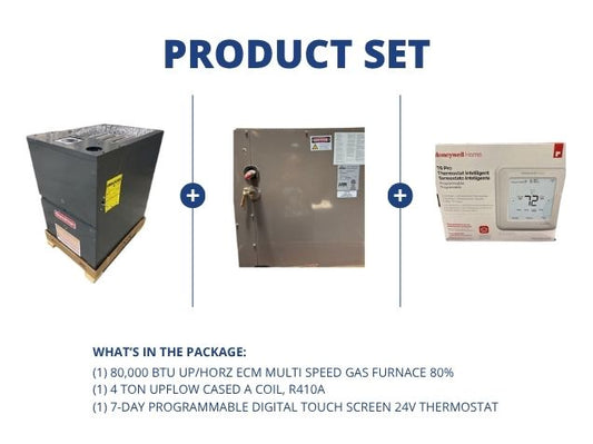 80,000 BTU Up/Horz ECM Multi Speed Gas Furnace 80% with 4 Ton Upflow Cased A Coil and 24V Thermostat