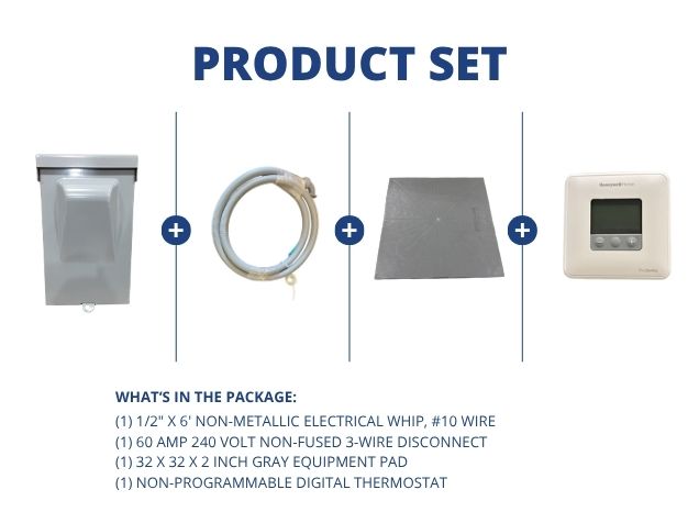 1/2" X 6' Electrical Whip with 60A 240V 3-Wire Disconnect, Gray Equipment Pad, and 24V Thermostat