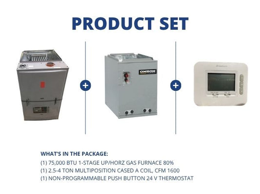 75,000 BTU 1-Stage Up/Horz Gas Furnace 80%, 2.5-4 Ton Multiposition Cased A Coil with 24V Thermostat