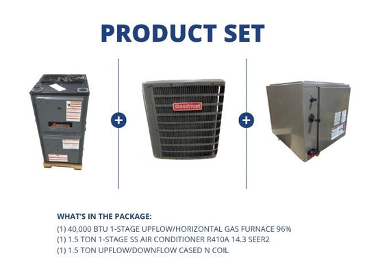 40,000 BTU 1-Stg Up/Horz Gas Furnace 96%, 1.5 Ton 1-Stg SS AC 14.3 SEER2 and 1.5 Ton Up/Down N Coil