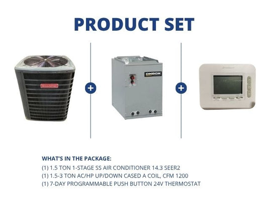 1.5 Ton 1-Stg SS Heat Pump R410A 14.3 SEER2, 1.5-3 Ton AC/HP Up/Down Cased A Coil and 24V Thermostat