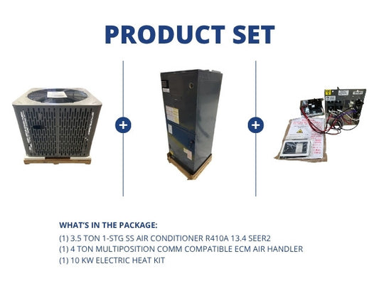 3.5 Ton 1-Stg SS AC R410A 13.4 SEER2 and 4 Ton Multi Comm Compatible Air Handler with 10 kW Heat Kit