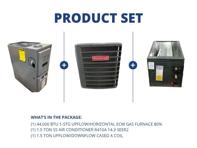 44,000 BTU Up/Horz Gas Furnace 80%, 1.5 Ton SS AC R410A 14.3 SEER2 and 1.5 Ton Up/Down Cased A Coil