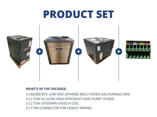 80,000 BTU Low NOx Up/Horz ECM Gas Furnace 96%, 2 Ton Ult High Eff HP 19 SEER, 2 Ton Up/Down A Coil